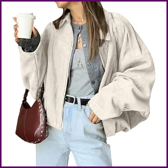 Faux Suede Bomber Jacket Lightweight Cropped Oversized Casual Zip Up